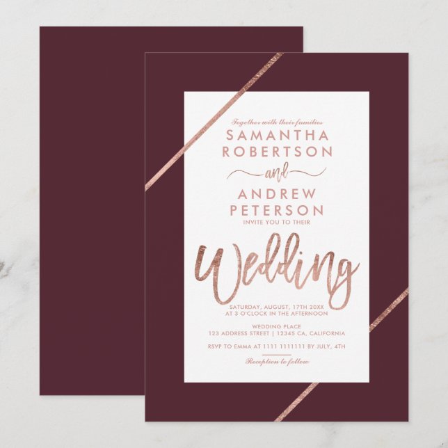 Rose gold typography stripes burgundy wedding invitation (Front/Back)