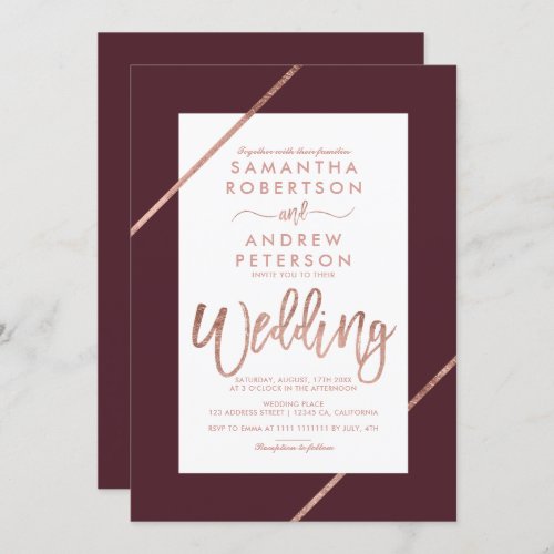 Rose gold typography stripes burgundy wedding invitation