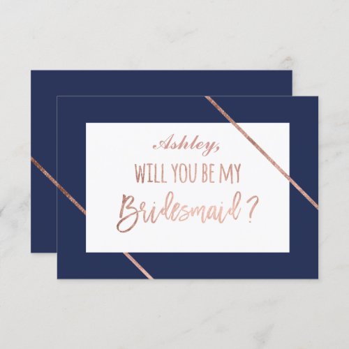 Rose gold typography stripes navy be my bridesmaid invitation