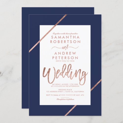 Rose gold typography stripes navy blue wedding invitation