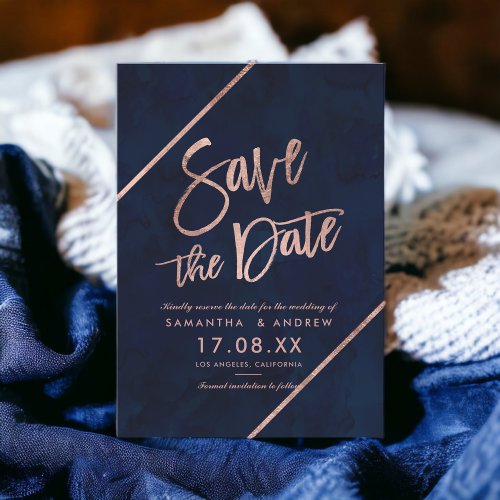 Rose gold typography stripes navy save the date