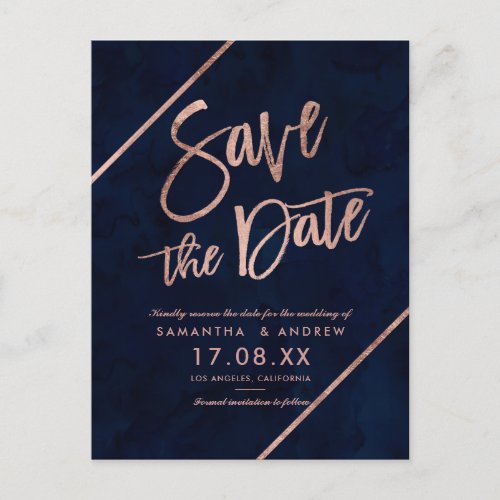Rose gold typography stripes navy save the date announcement postcard