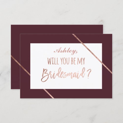 Rose gold typography stripes red be my bridesmaid invitation