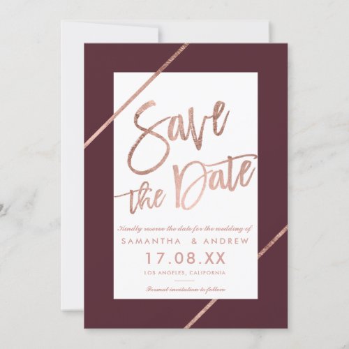 Rose gold typography stripes red save the date