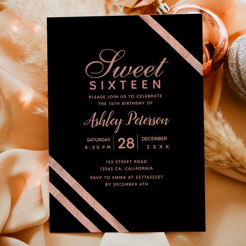 Rose gold typography stripes Sweet 16 party Invitation