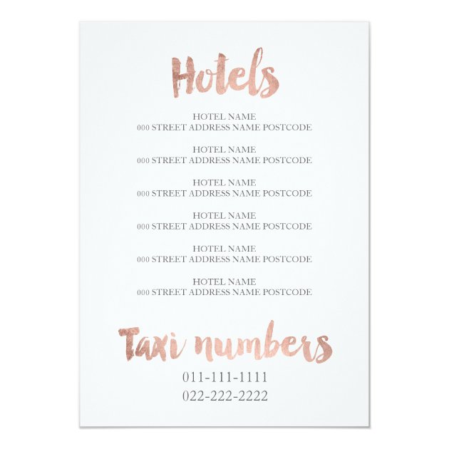 Rose Gold Typography Wedding Reception Faux Foil 5 Card