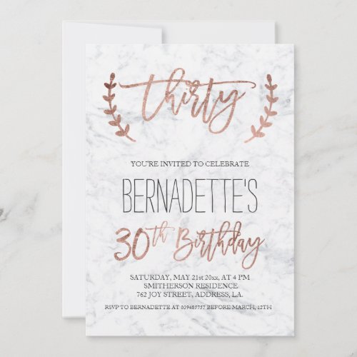 Rose gold typography white marble 30th Birthday Invitation