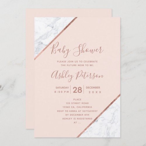 Rose gold typography white marble pink baby shower invitation
