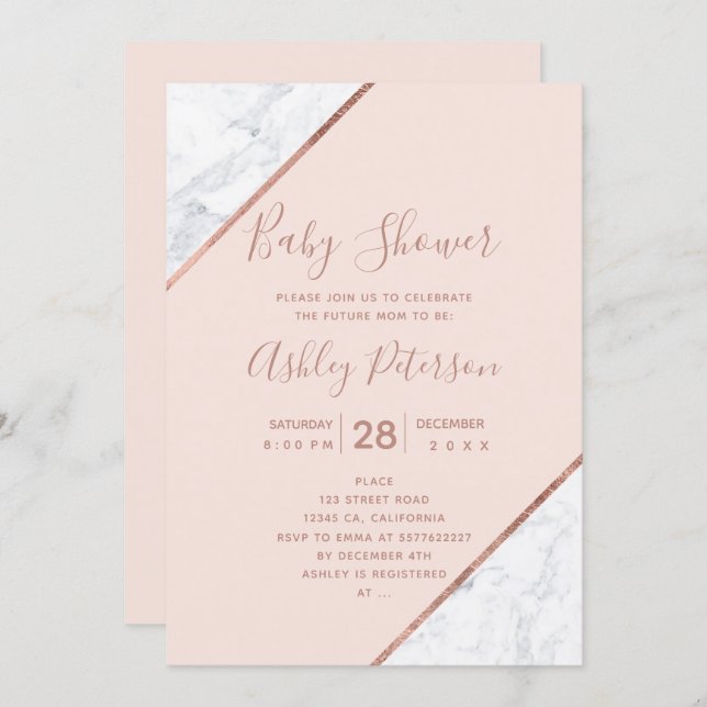 Rose gold typography white marble pink baby shower invitation (Front/Back)