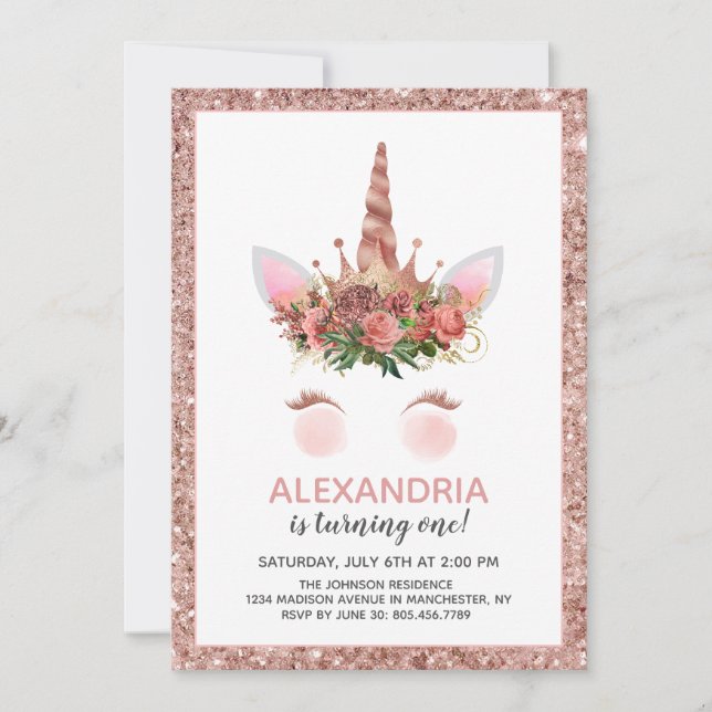 Rose Gold Unicorn Princess Birthday Invitation (Front)