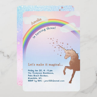 Rose Gold Unicorn Rainbow Glitter Magical Birthday Foil Invitation