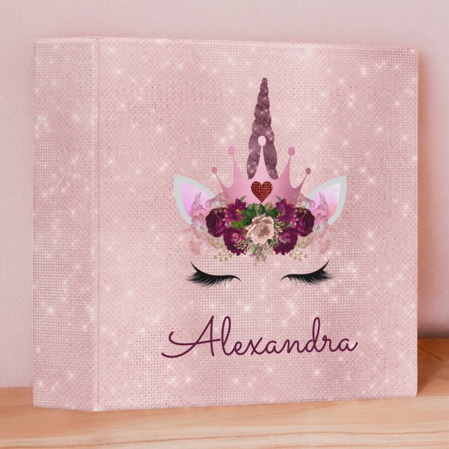 Rose Gold Unicorn Sparkle Princess Monogram Name 3 Ring Binder (Creator Uploaded)