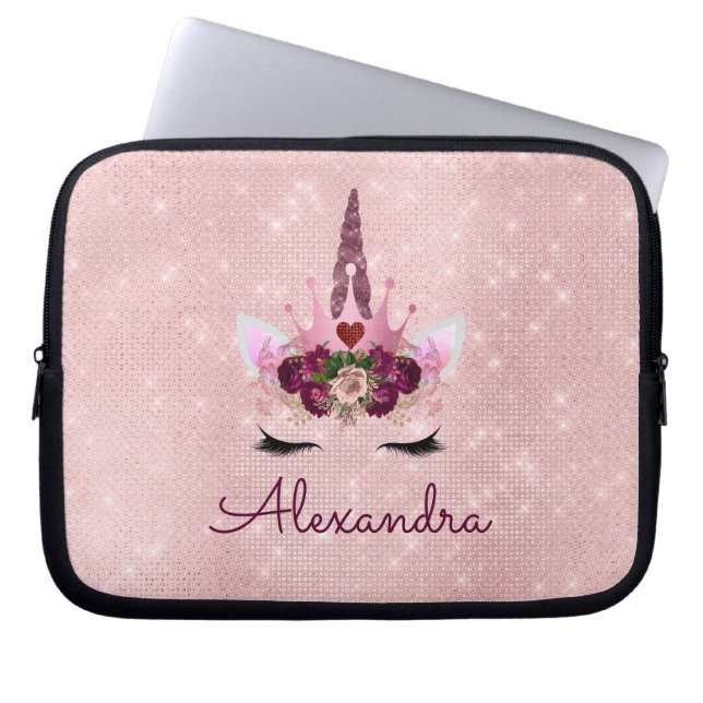 Rose Gold Unicorn Sparkle Princess Monogram Name Laptop Sleeve (Front)