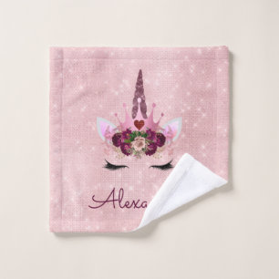 Rose Gold Unicorn Sparkle Princess Monogram Name Wash Cloth