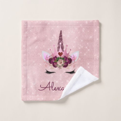 Rose Gold Unicorn Sparkle Princess Monogram Name Wash Cloth