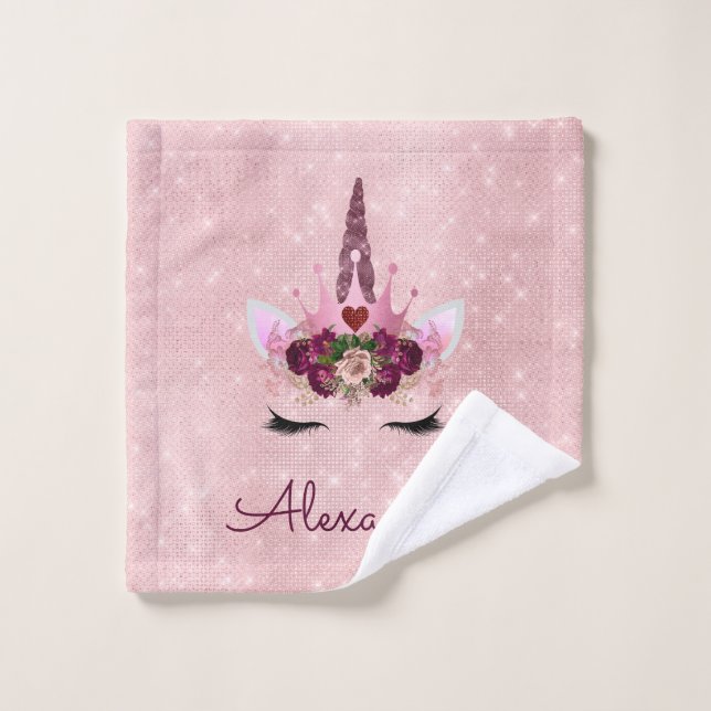 Rose Gold Unicorn Sparkle Princess Monogram Name Wash Cloth (Wash Cloth)