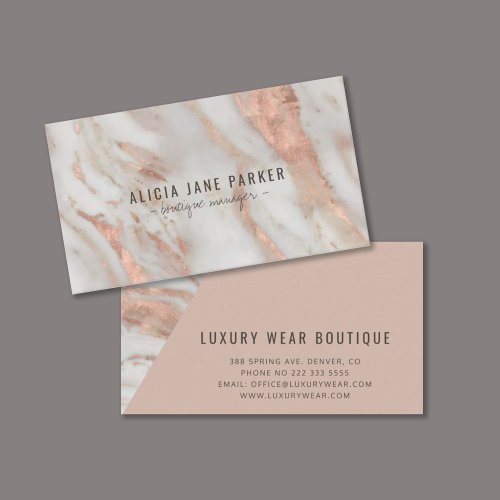 Rose gold veined marble stone boutique manager business card