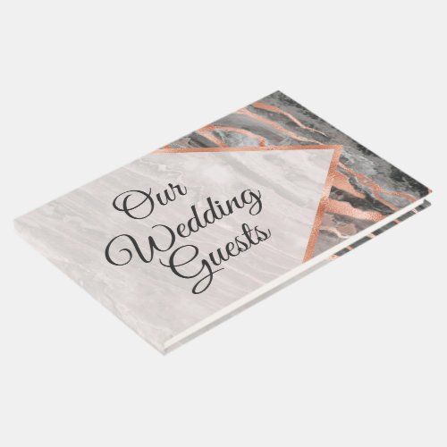 Rose Gold Veins  Black Marble Wedding Monogram Guest Book