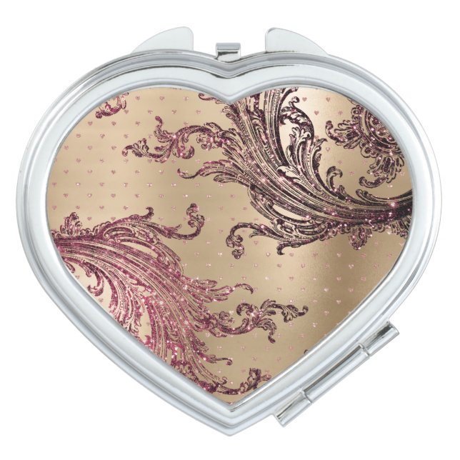 Rose Gold Victorian Heart Shaped Compact Mirror (Front)