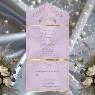 Rose Gold Vintage Border Quinceanera - Lavender All In One Invitation