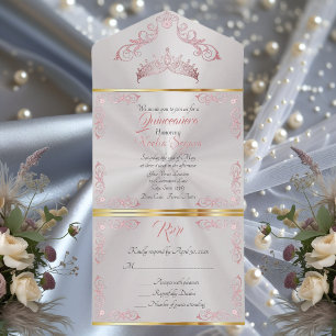 Rose Gold Vintage Border Quinceanera - Pearl White All In One Invitation