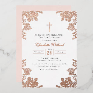 Rose Gold Vintage Cross Girls First Communion Foil Invitation