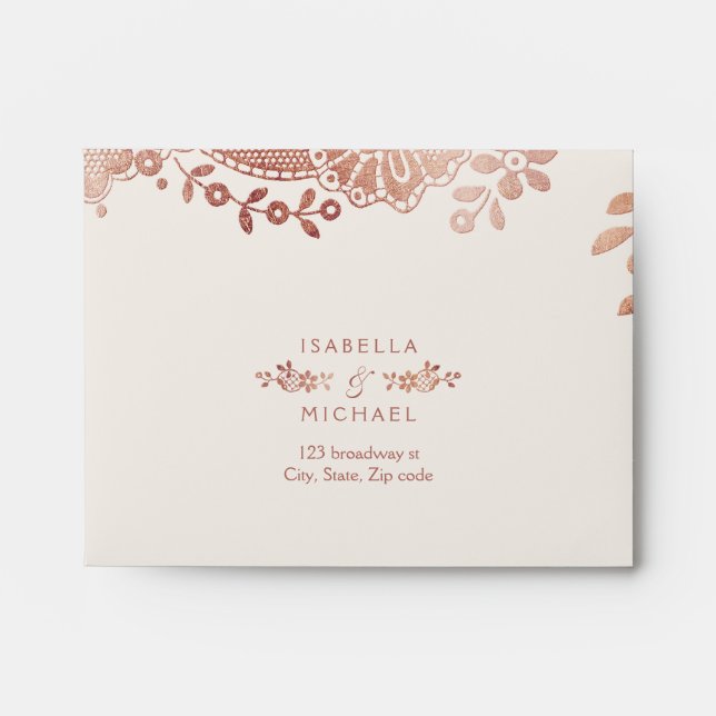 Rose gold vintage elegant lace wedding RSVP Envelope (Front)