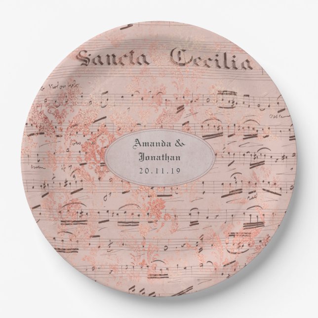 Rose Gold Vintage Music Sheet Wedding Paper Plates (Front)