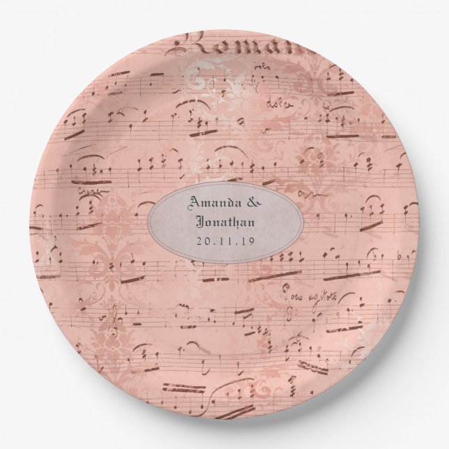 Rose Gold Vintage Music Wedding Paper Plates (Front)