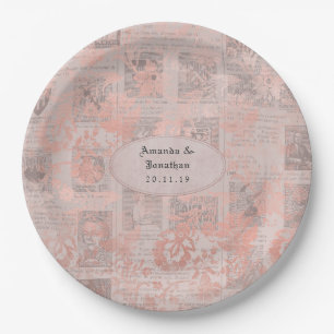 Rose Gold Vintage Newspaper Wedding Paper Plates