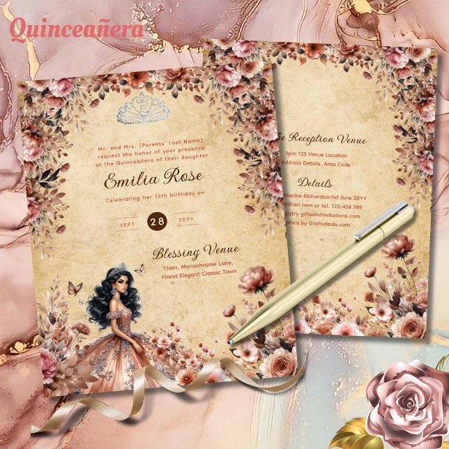 Rose Gold Vintage Quinceanera Dress Floral Roses (Creator Uploaded)