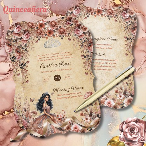 Rose Gold Vintage Quinceanera Dress Floral Roses Invitation