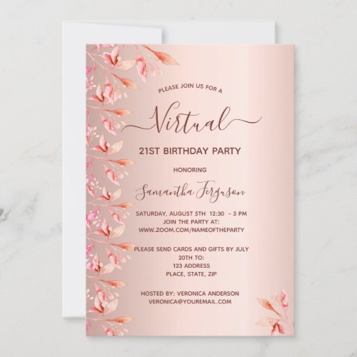 Rose gold virtual birthday party fall florals invitation