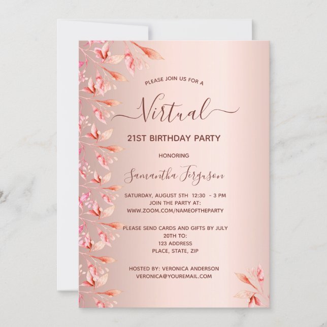 Rose gold virtual birthday party fall florals invitation (Front)