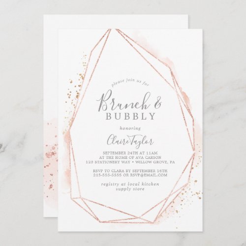 Rose Gold Watercolor Brunch  Bubbly Bridal Shower Invitation