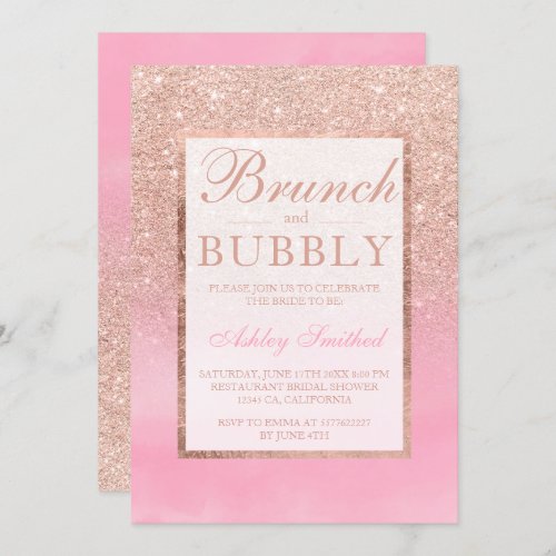 Rose gold watercolor brunch bubbly bridal shower invitation