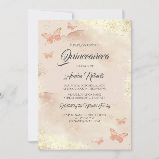 Rose Gold Watercolor Butterfly Dress Quinceanera  Invitation (Front)
