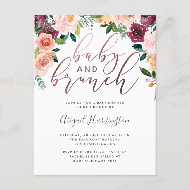 Rose Gold Watercolor Floral Brunch Baby Shower Invitation Postcard