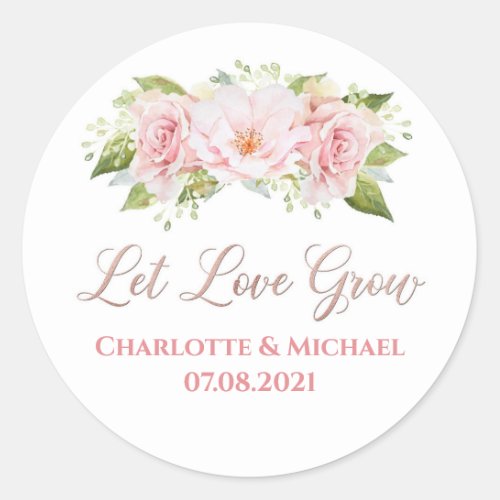 Rose Gold Watercolor Flowers Let Love Grow Wedding Classic Round Sticker