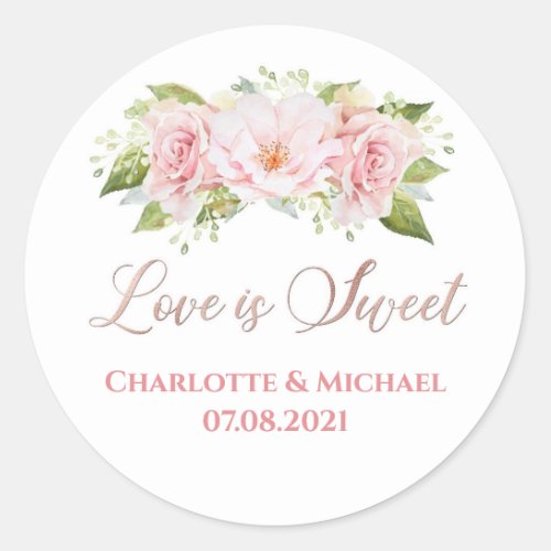 Rose Gold Watercolor Flowers Love is Sweet Wedding Classic Round Sticker