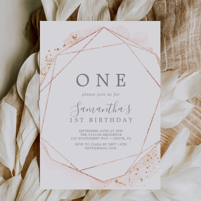 Rose Gold Watercolor Geometric 1st Birthday Party Invitation