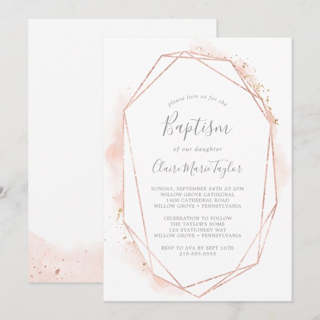 Rose Gold Watercolor Geometric Baptism Invitation (Front/Back)