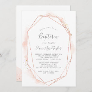 Rose Gold Watercolor Geometric Baptism Invitation