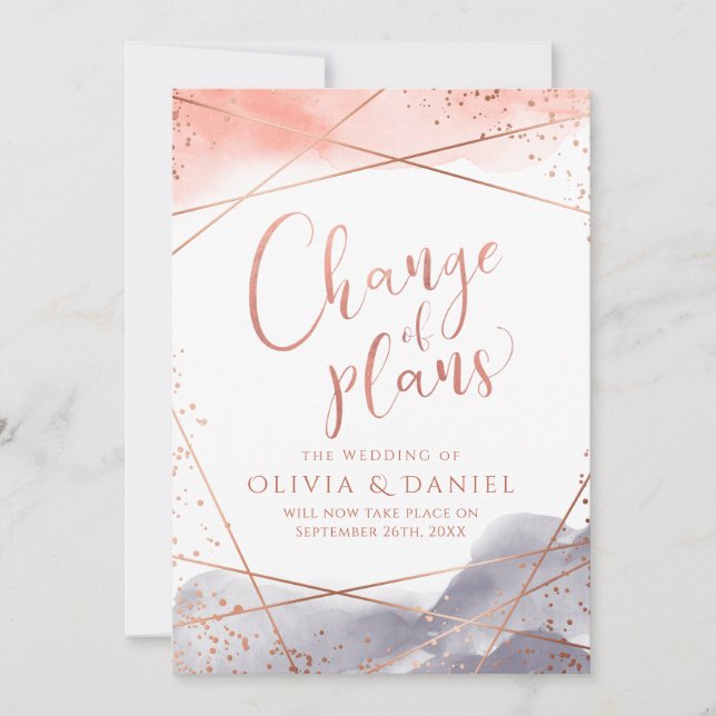 Rose gold Watercolor Geometric change of plans Invitation (Front)