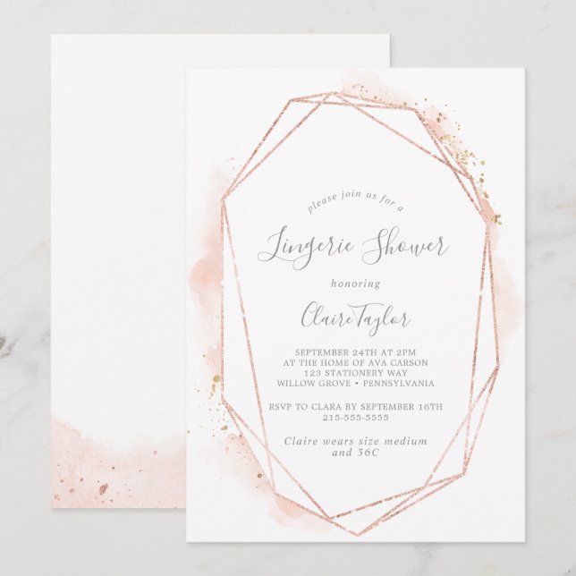 Rose Gold Watercolor Geometric Lingerie Shower Invitation (Front/Back)