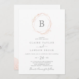 Rose Gold Watercolor Geometric Monogram Wedding Invitation