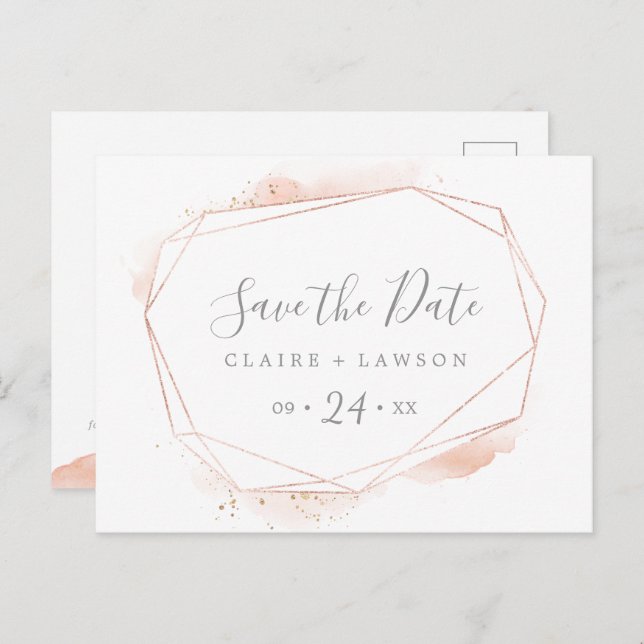 Rose Gold Watercolor Geometric Save the Date Invitation Postcard (Front/Back)