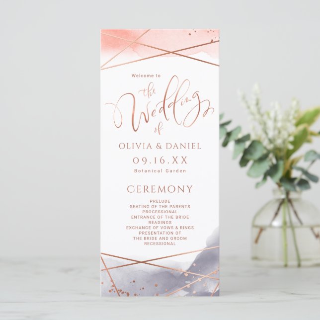 Rose Gold Watercolor Geometric Wedding Program (Standing Front)