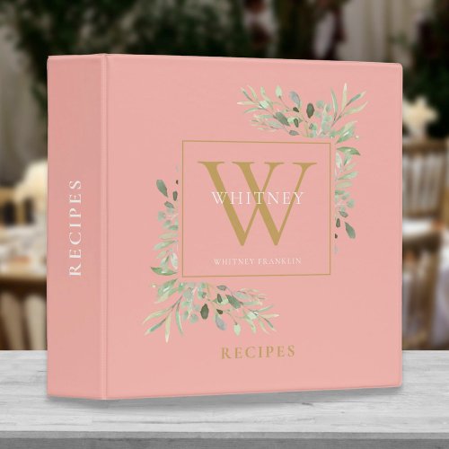 Rose Gold Watercolor Greenery Monogram Recipe 3 Ring Binder