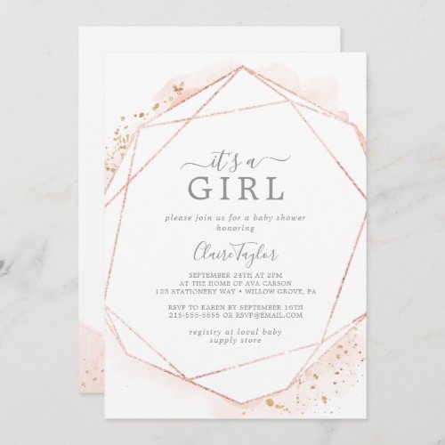 Rose Gold Watercolor Its A Girl Baby Shower Invitation